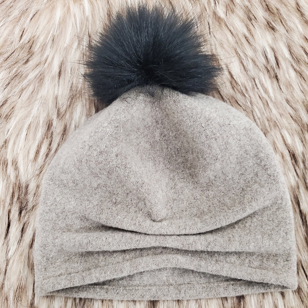 SHIHREEN Beige Wool Faux Fur Beanie Hat